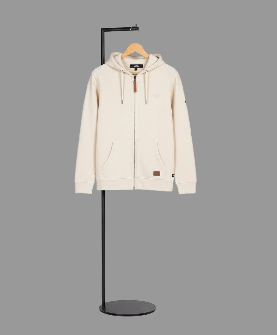 Beige hoodie on a mannequin with a white background