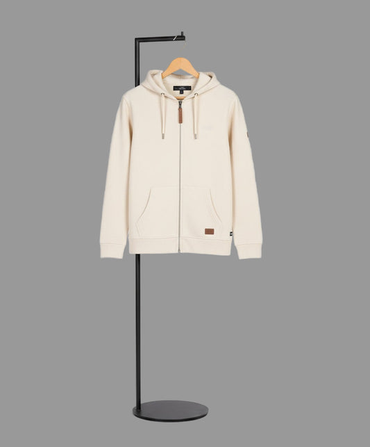 Beige hoodie on a mannequin with a white background