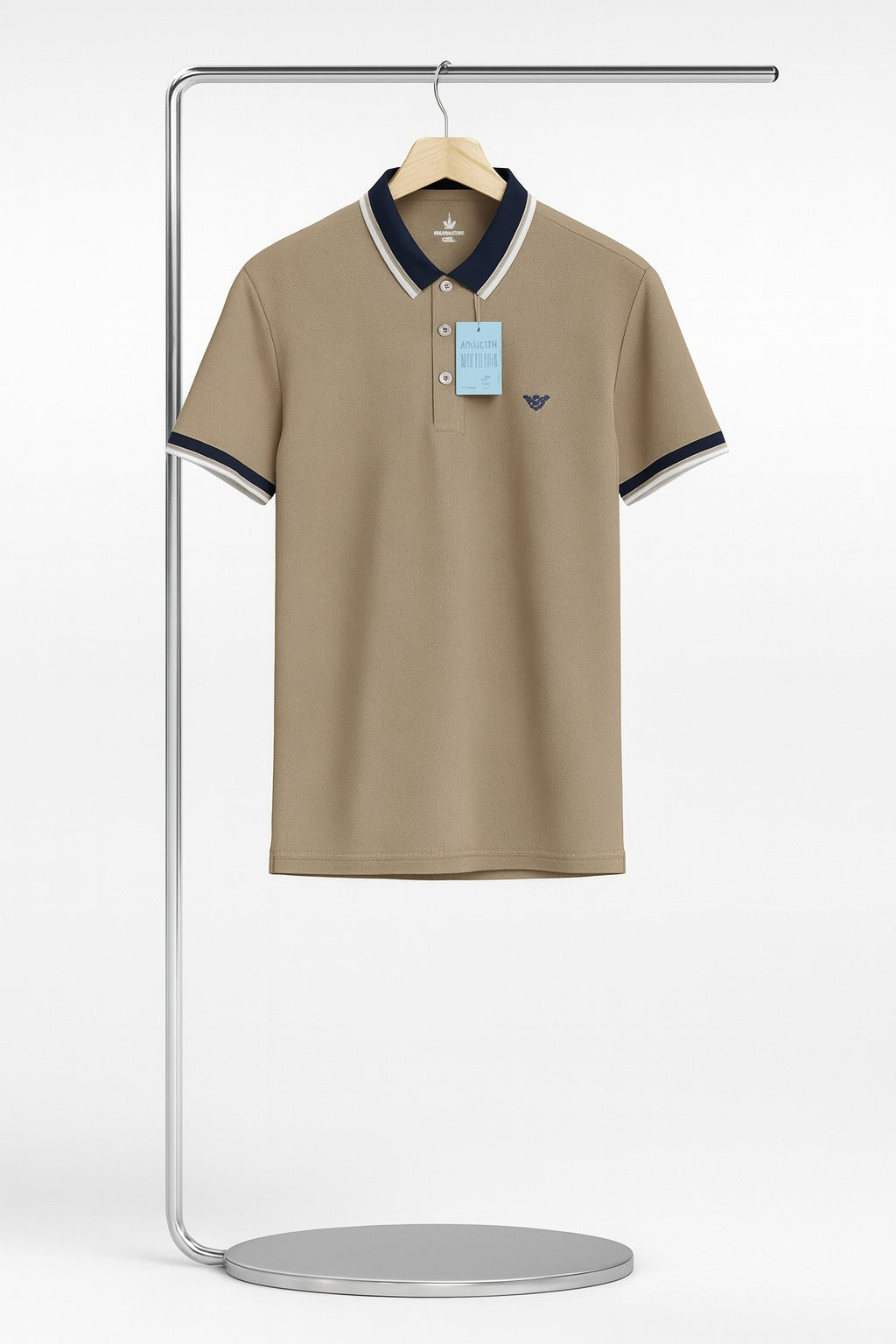 Beige polo shirt with navy trim on a hanger against a white background