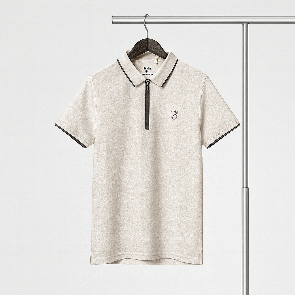 Beige polo shirt with black accents on a hanger against a white background