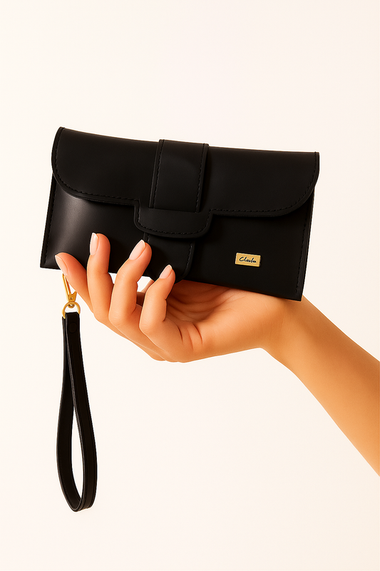 Black clutch bag with a gold tag held by a hand against a white background