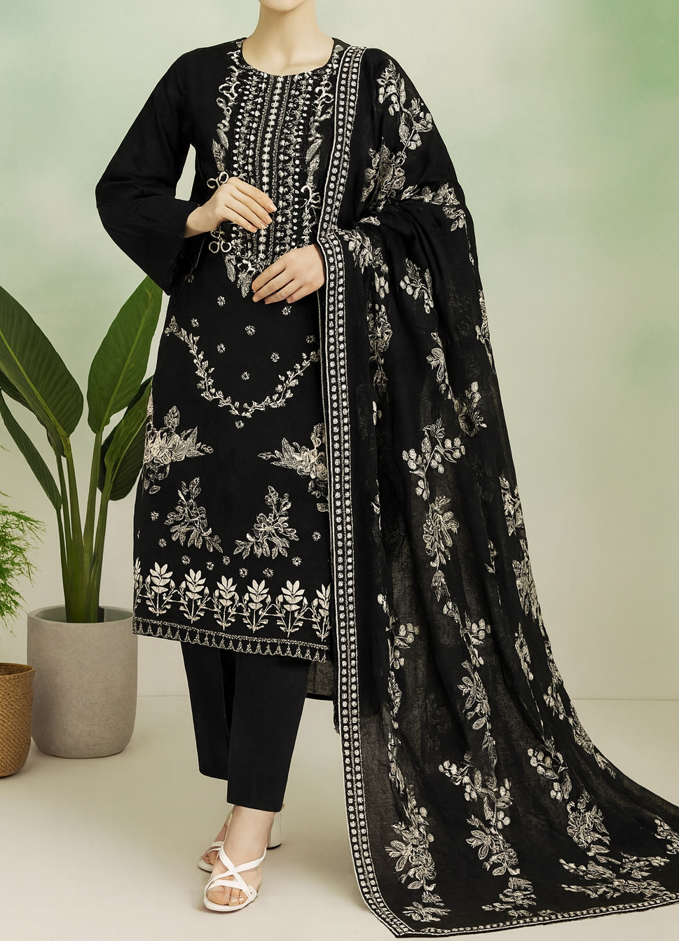 Black embroidered outfit with a matching dupatta on a neutral background