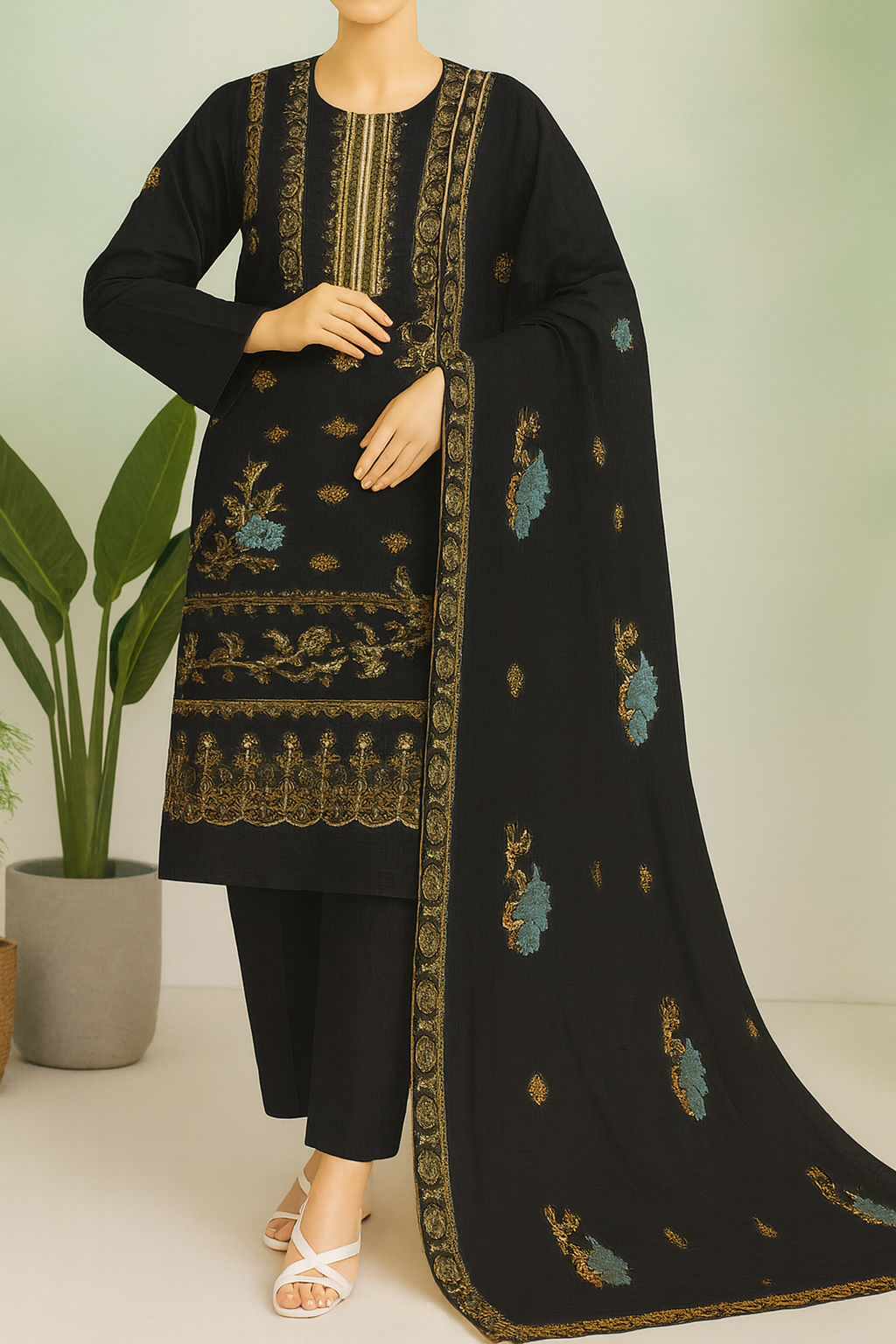 Black embroidered outfit with a plant in the background