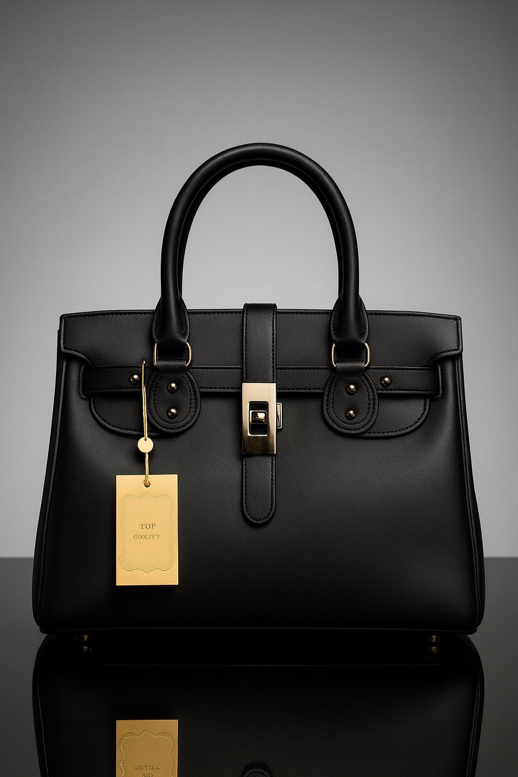 Black handbag with gold tag on a reflective surface and gray background