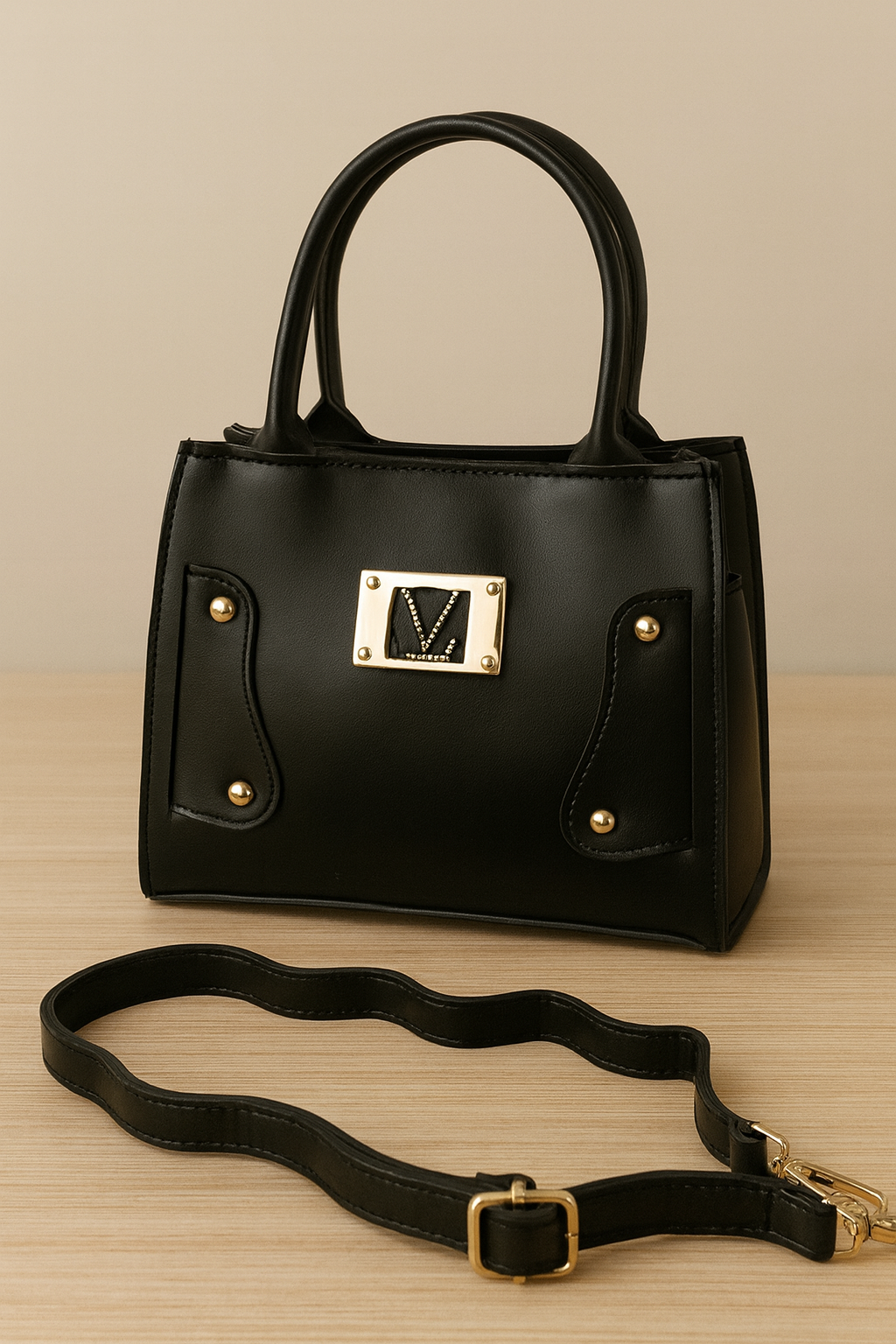 Black handbag with gold accents on a wooden surface