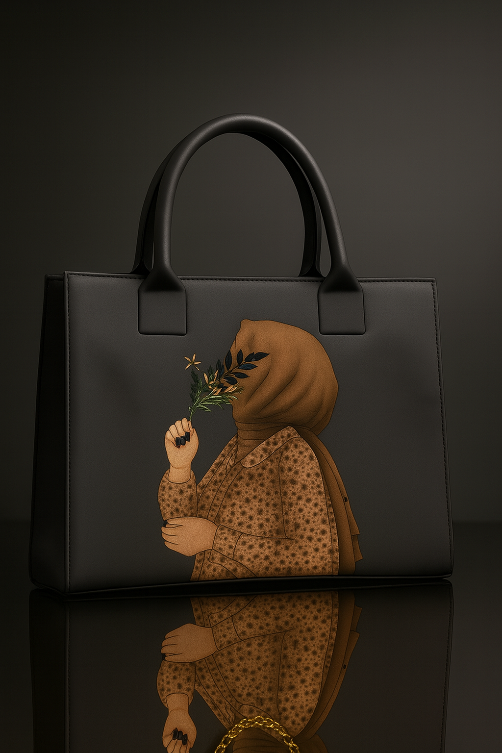 Black handbag with artistic depiction of a person wearing a headscarf holding a plant on a reflective surface.