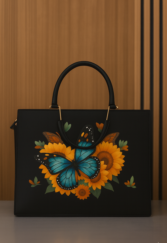 Black handbag with butterfly and sunflower design on a wooden background
