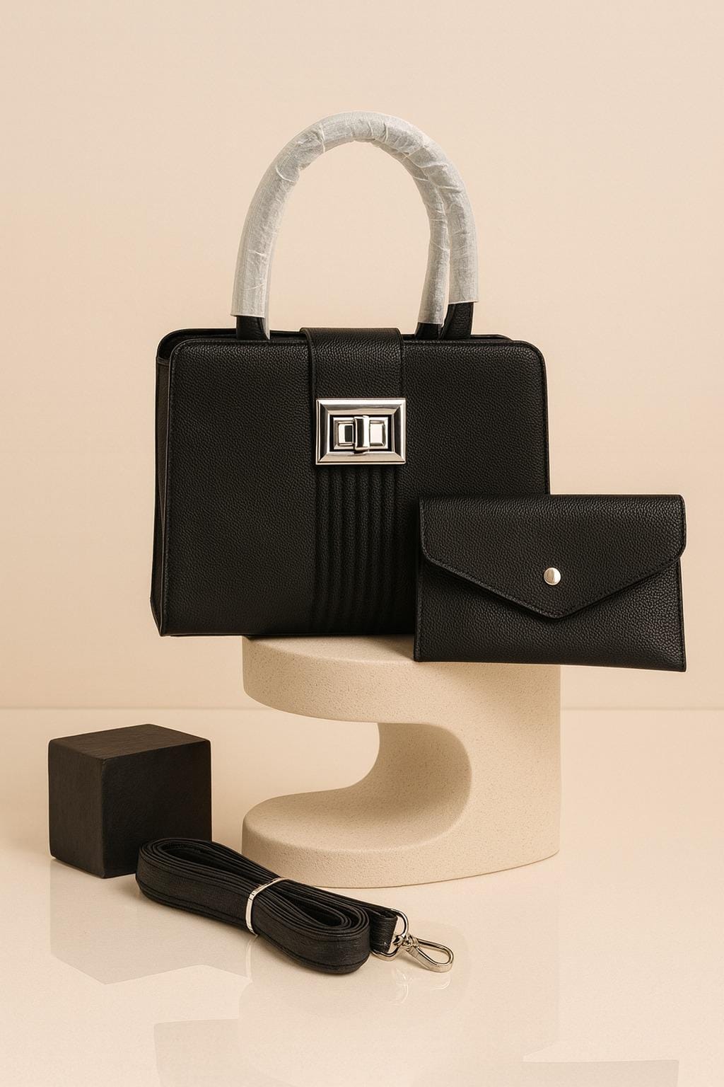 Black handbag with matching pouch on a beige stand against a beige background