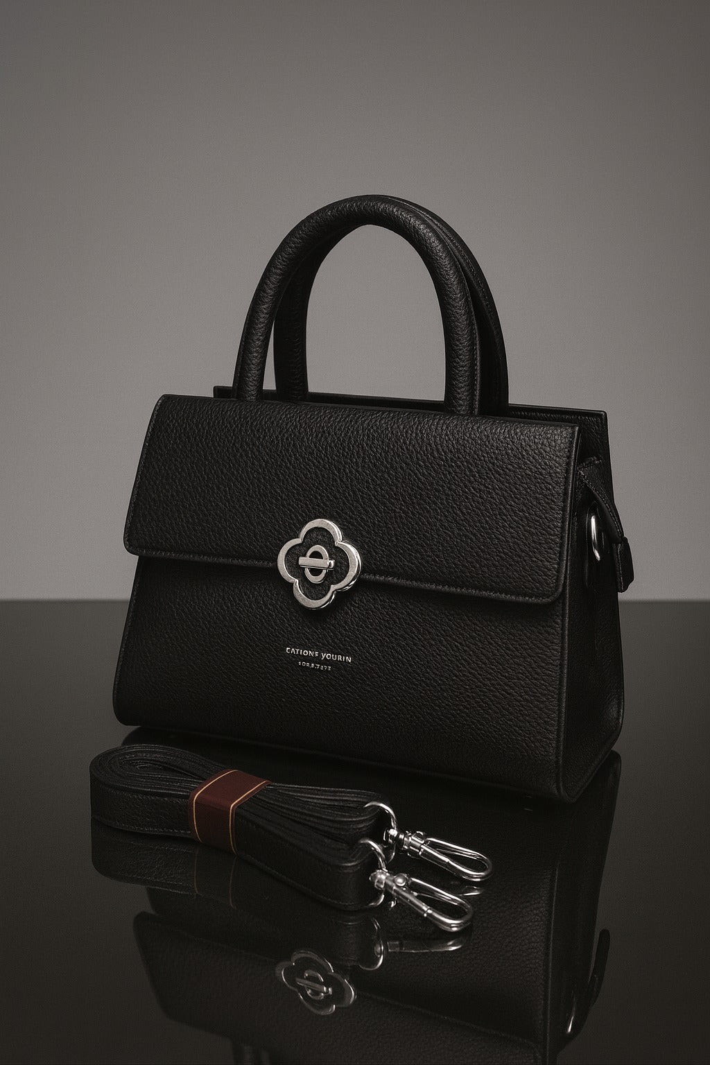 Black handbag with a silver clasp on a reflective surface