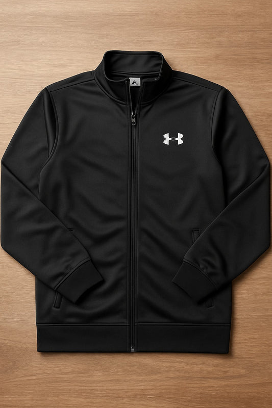 Black jacket with a logo on a wooden surface