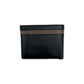 Black leather wallet with a brown mesh stripe on a white background