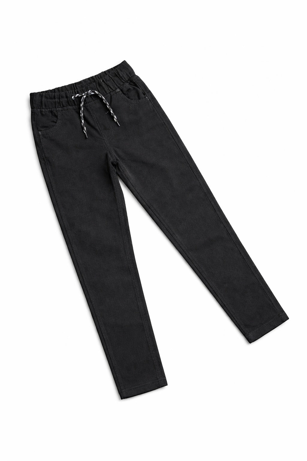 Black pants with drawstring waist on a white background