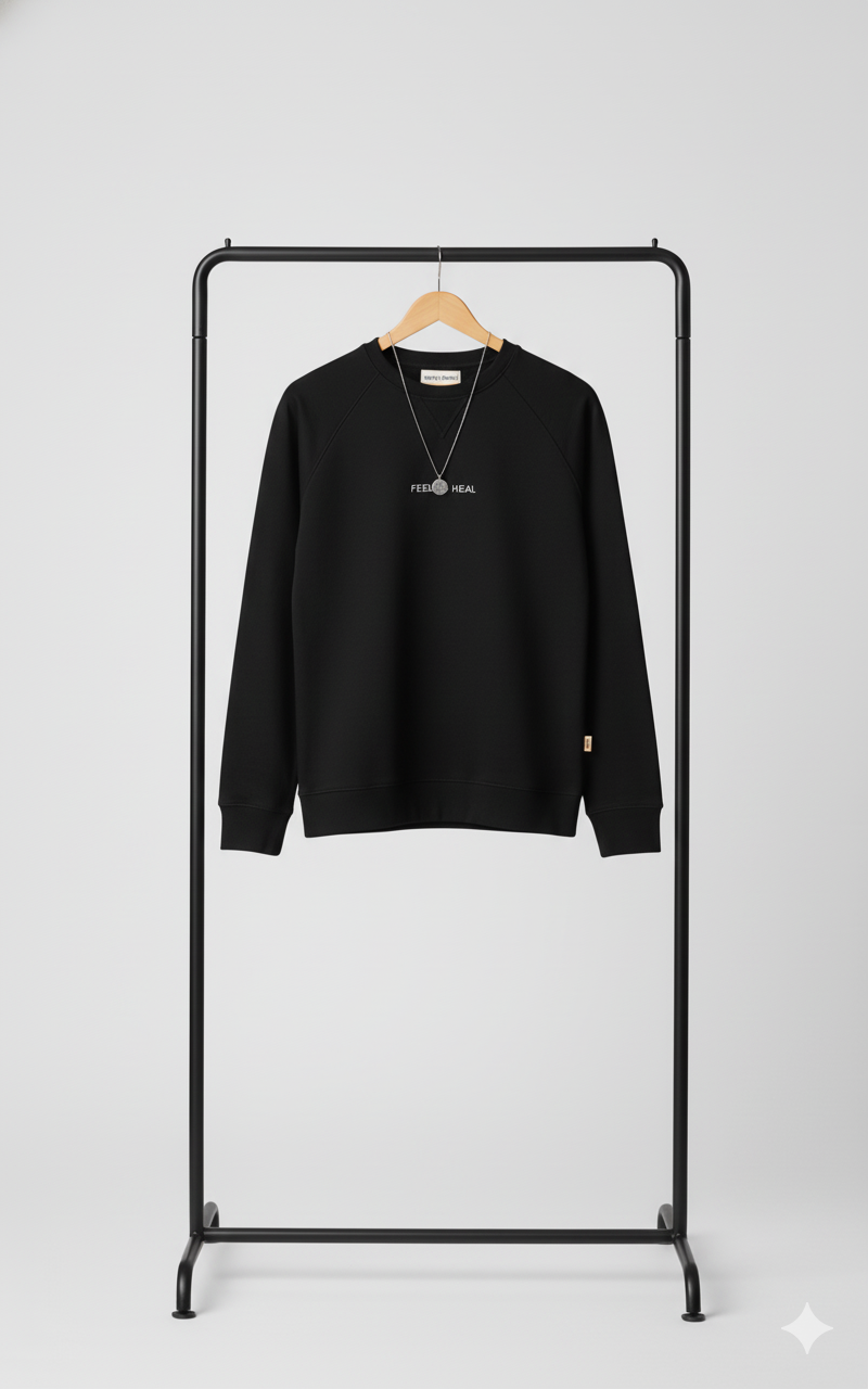 Black sweatshirt on a black rack against a white background