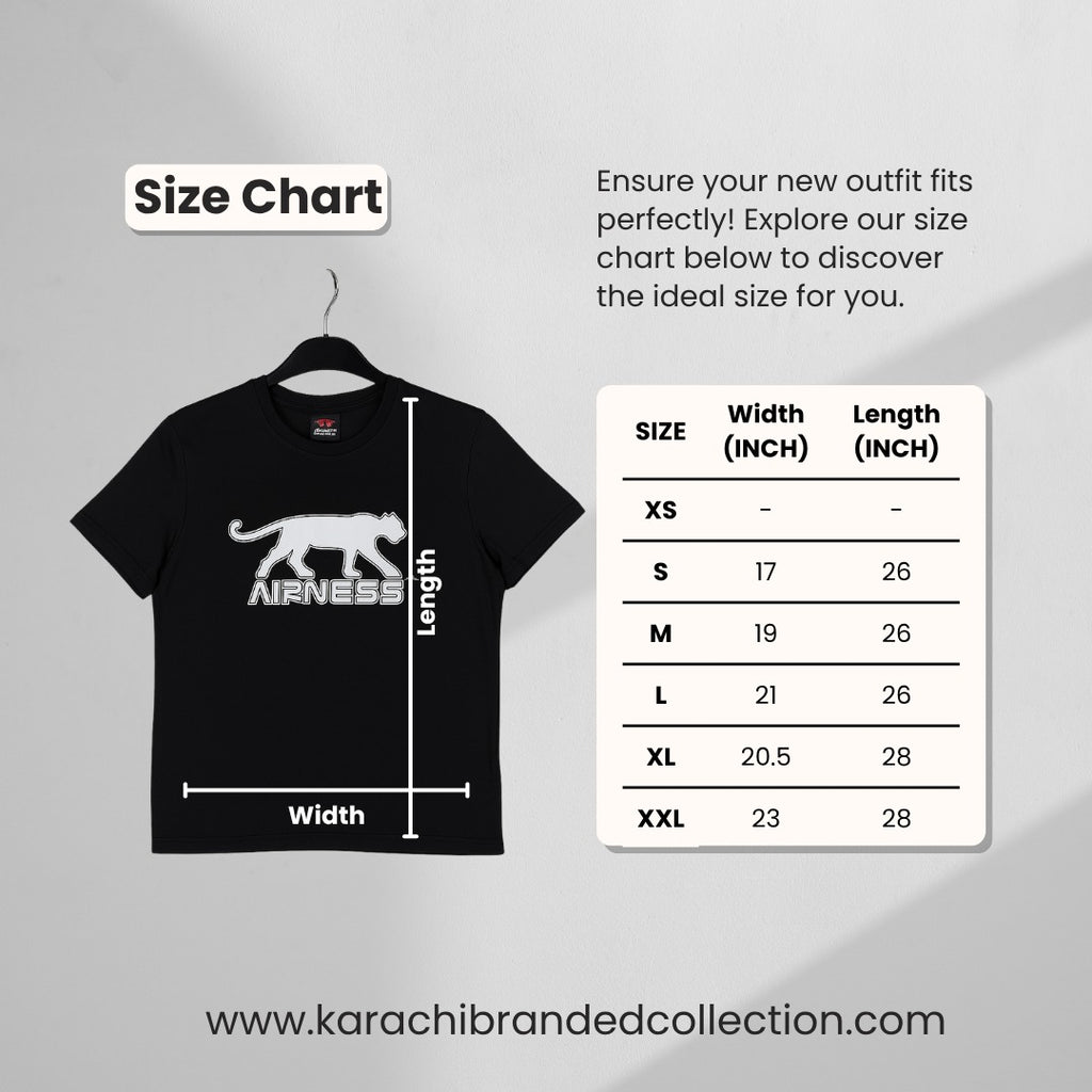 Black t-shirt with a white panther design and size chart on a gray background