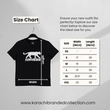 Black t-shirt with a white panther design and size chart on a gray background