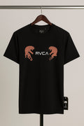 Black t-shirt with RVCA logo and panther graphics on a hanger against a neutral background