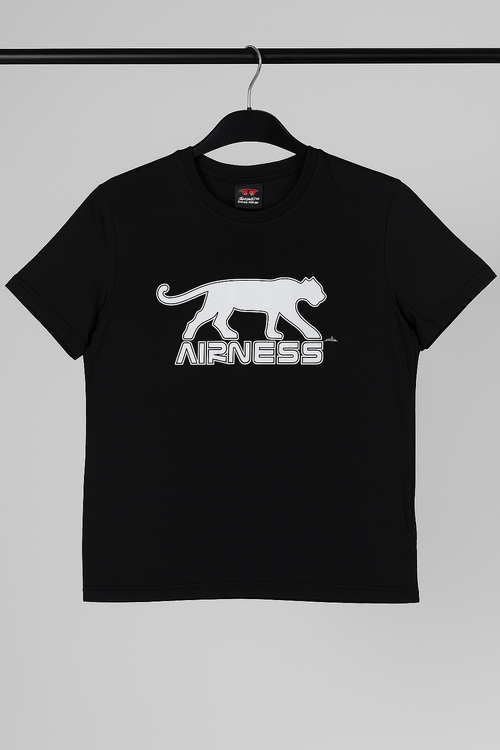 Black t-shirt with white logo on a hanger against a gray background