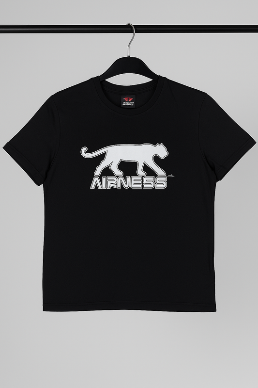 Black t-shirt with white logo on a hanger against a gray background