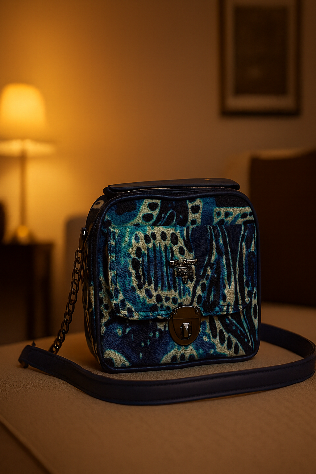 Blue and white patterned handbag on a table with a blurred background