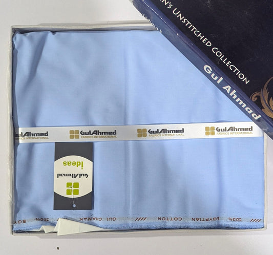 Blue fabric with Gul Ahmed and seapi branding on a white background