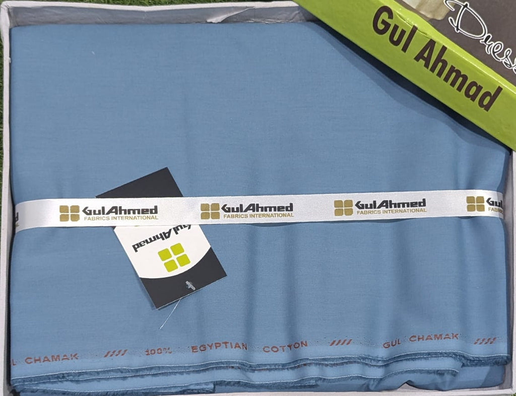 Blue fabric with Gul Ahmed branding on a white background