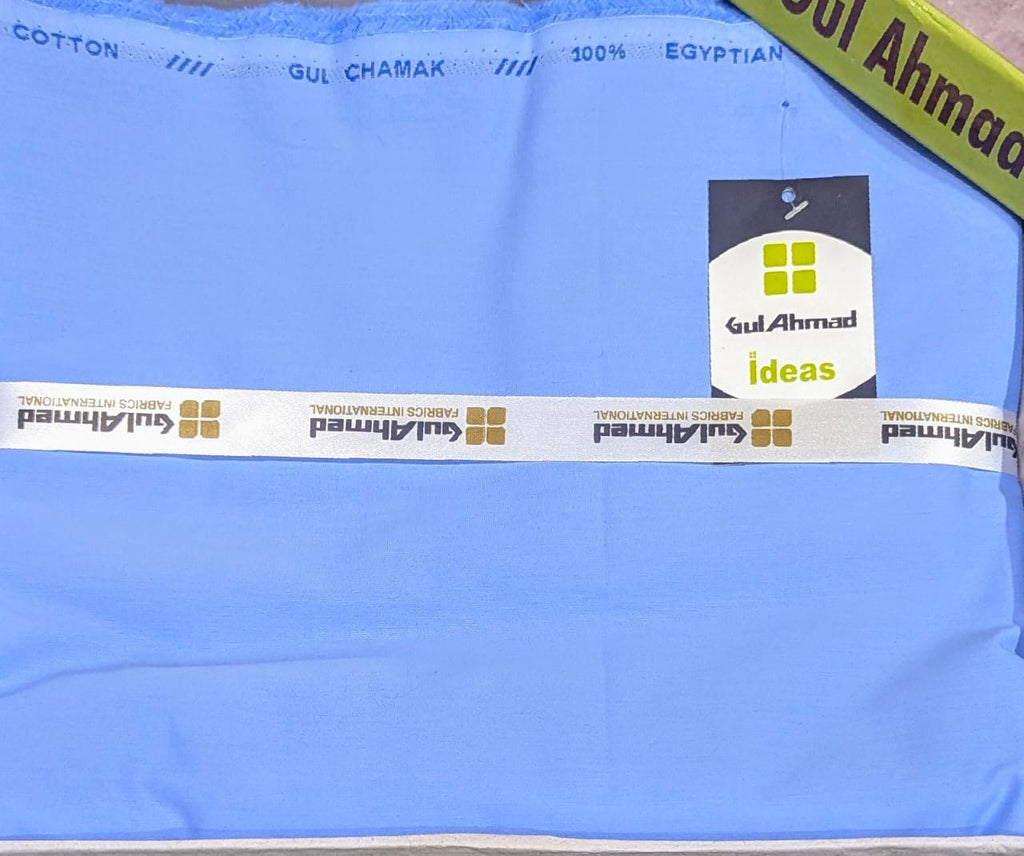 Blue fabric with Gul Ahmed branding on a white background