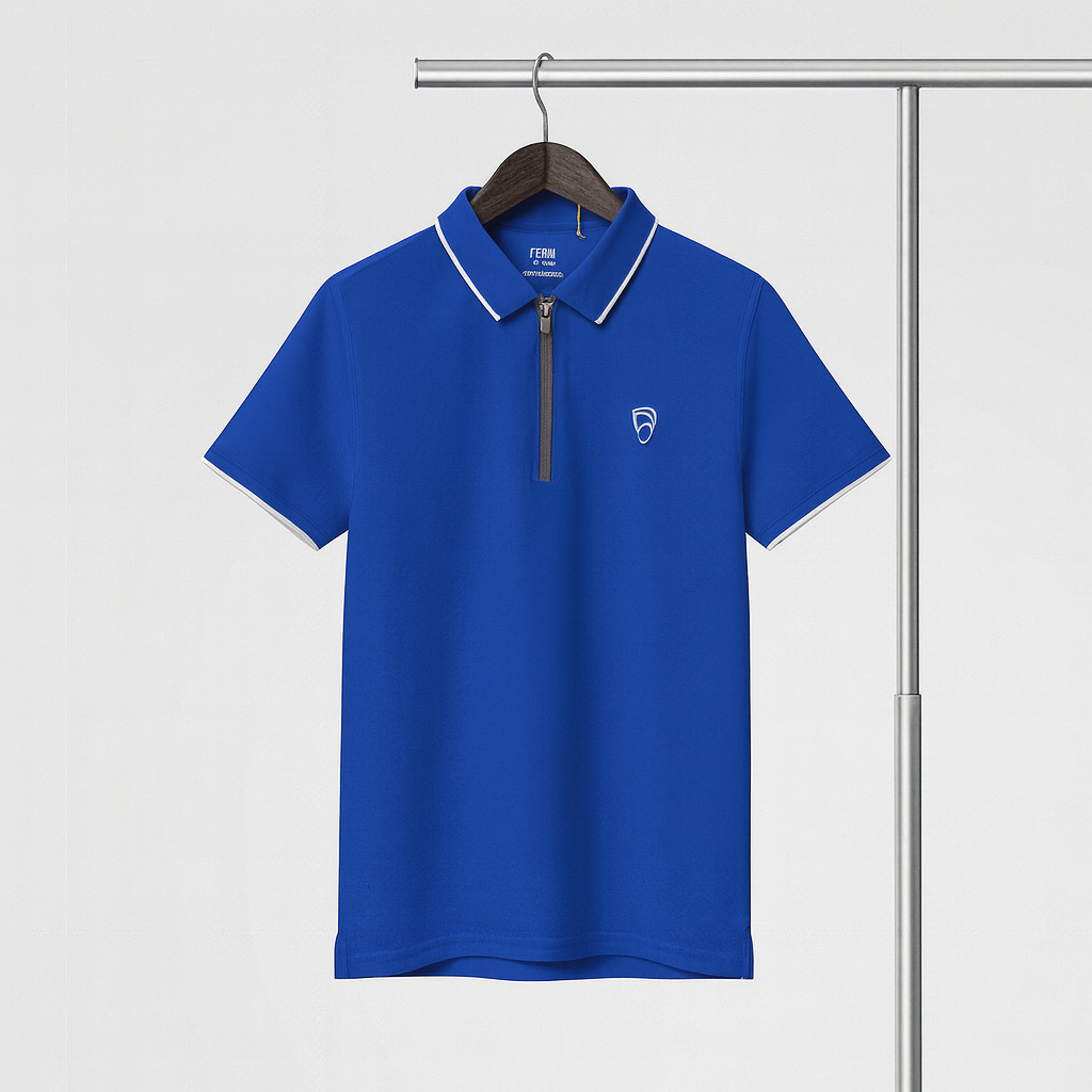 Blue polo shirt with a small logo on a hanger against a light gray background