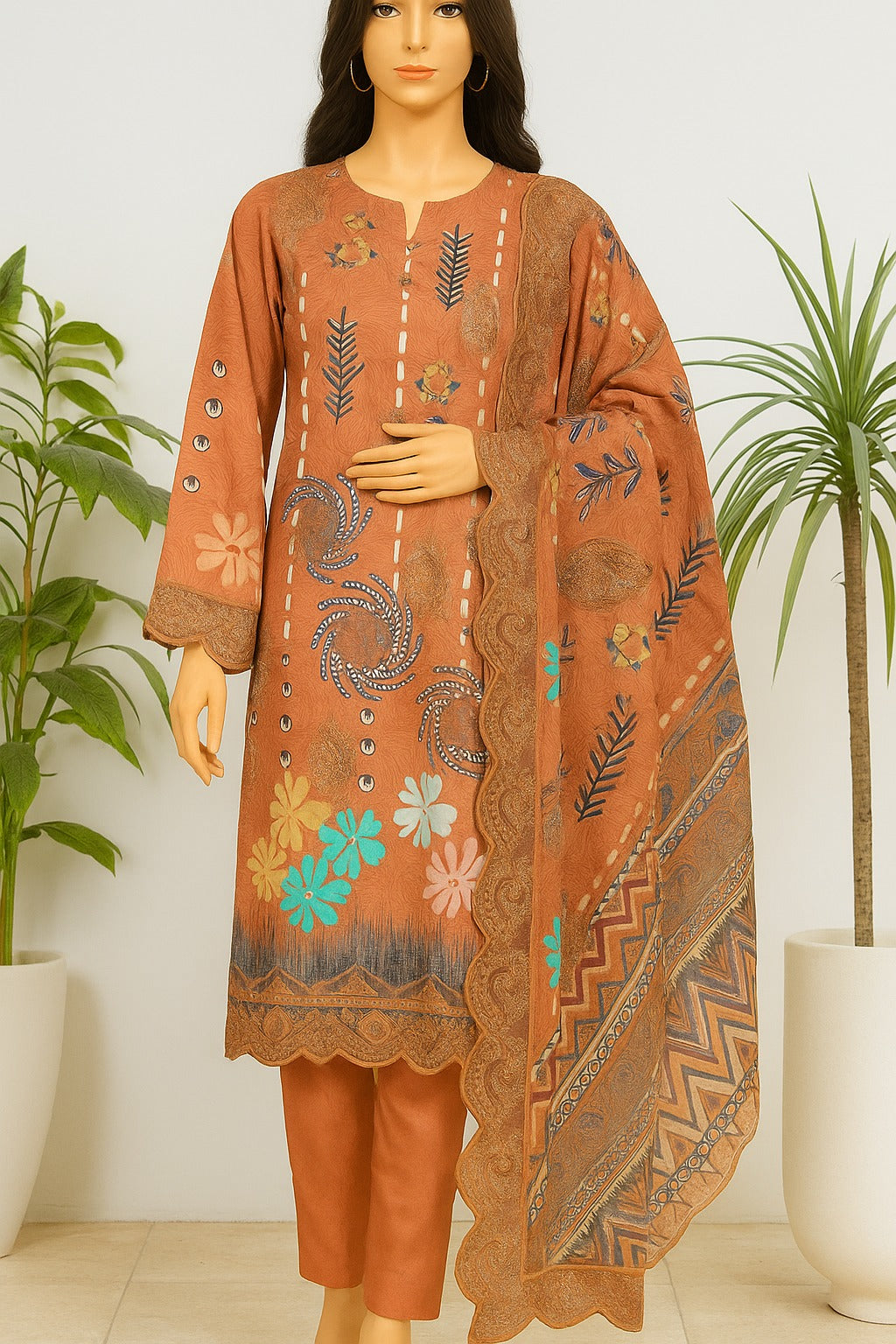 Brown embroidered dress on a mannequin with plants in the background