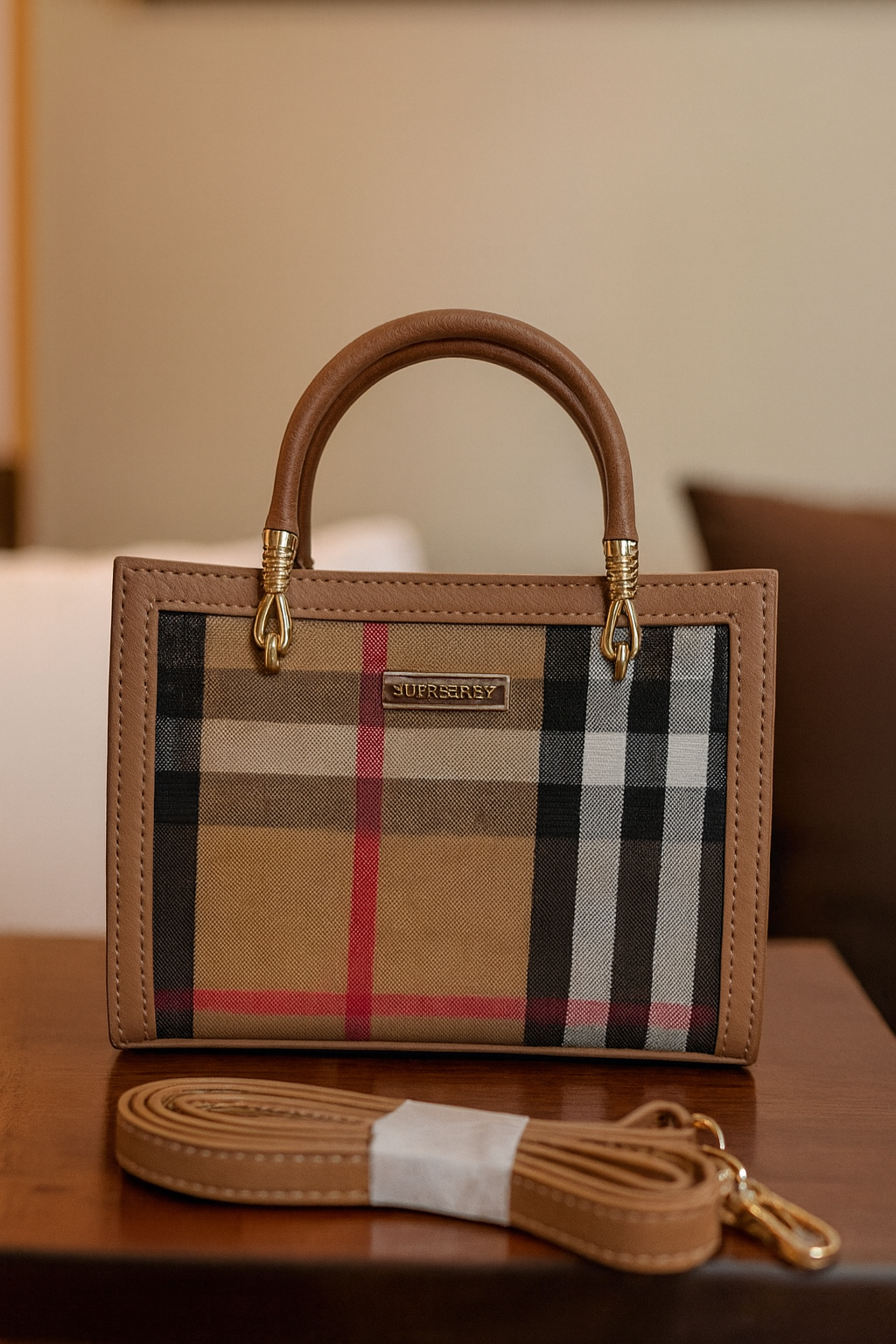 Brown handbag with plaid pattern on a wooden surface