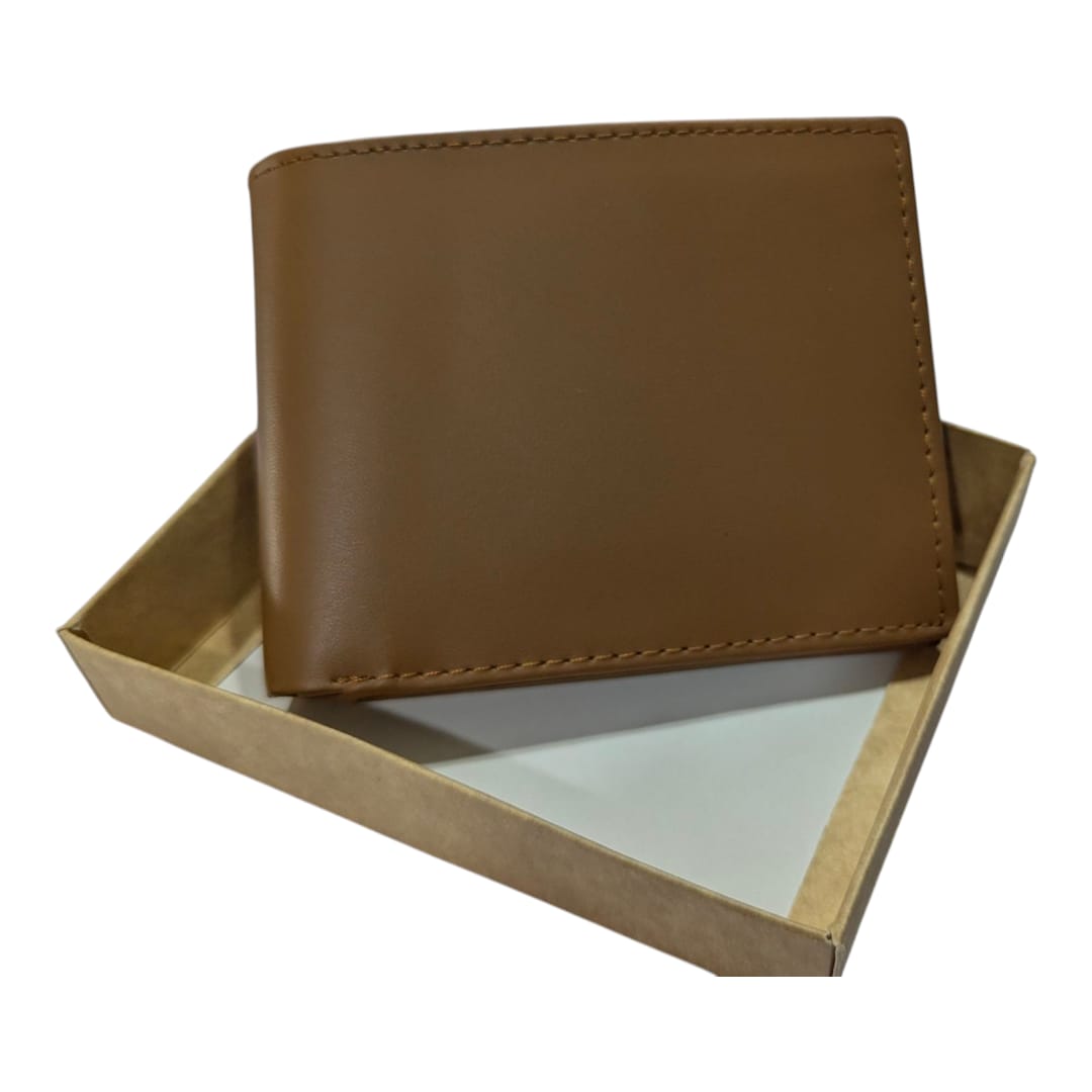 Brown leather wallet in a box on a white background