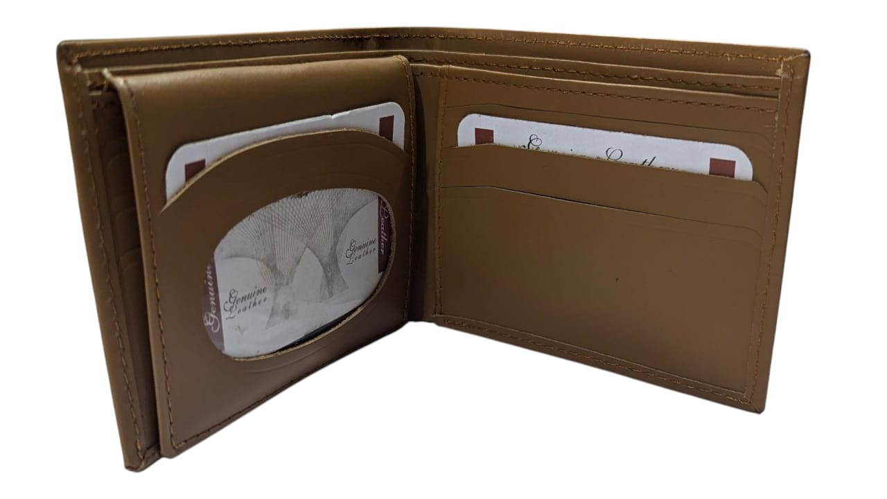 Brown leather wallet with card slots on a white background