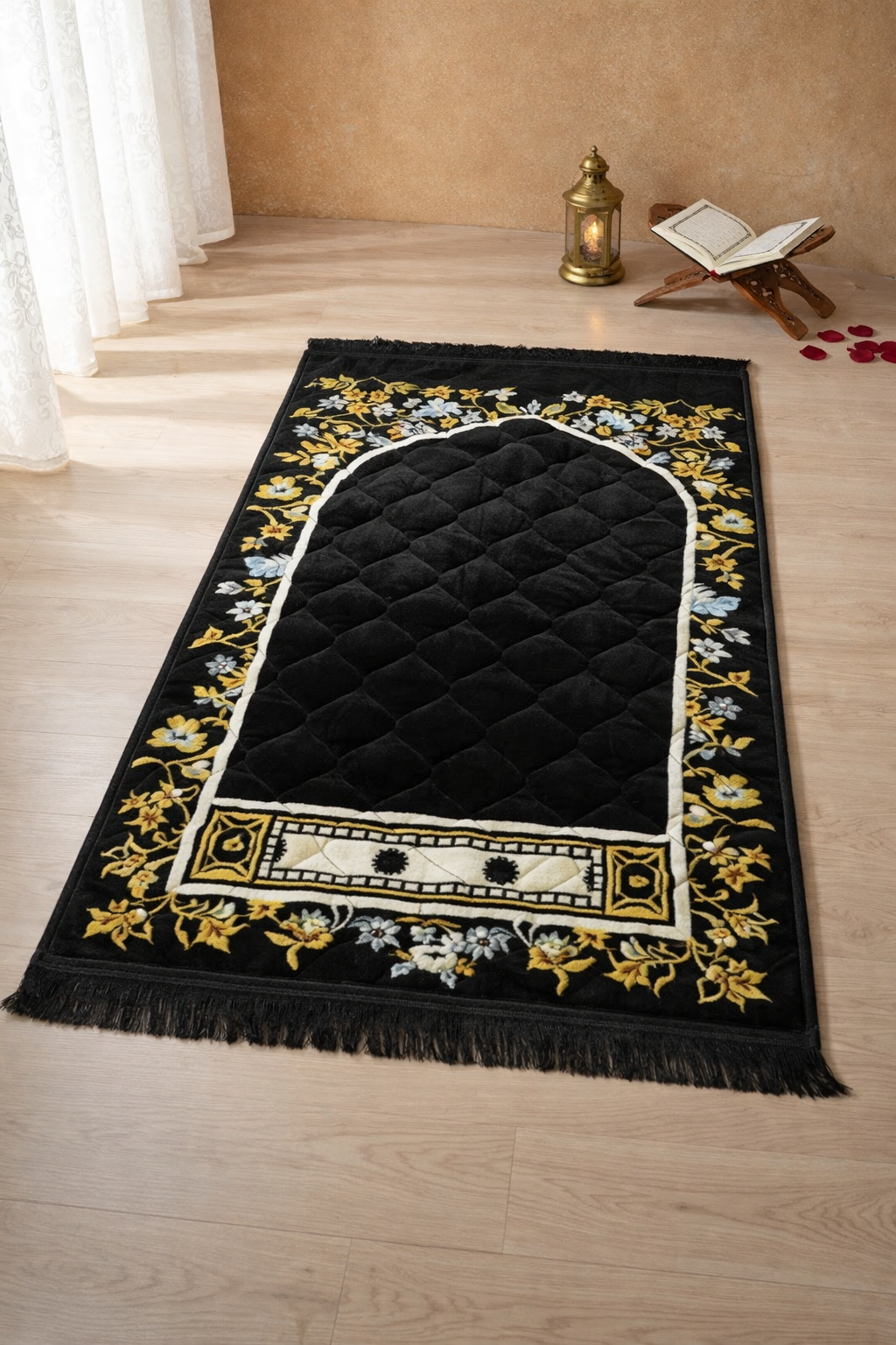 Luxury Velvet Foam Quilted Padded Jai Namaz | Floral Prayer Mat