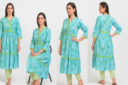 Ideas Sky Bloom Printed Frock & Trouser – Stitched Suit
