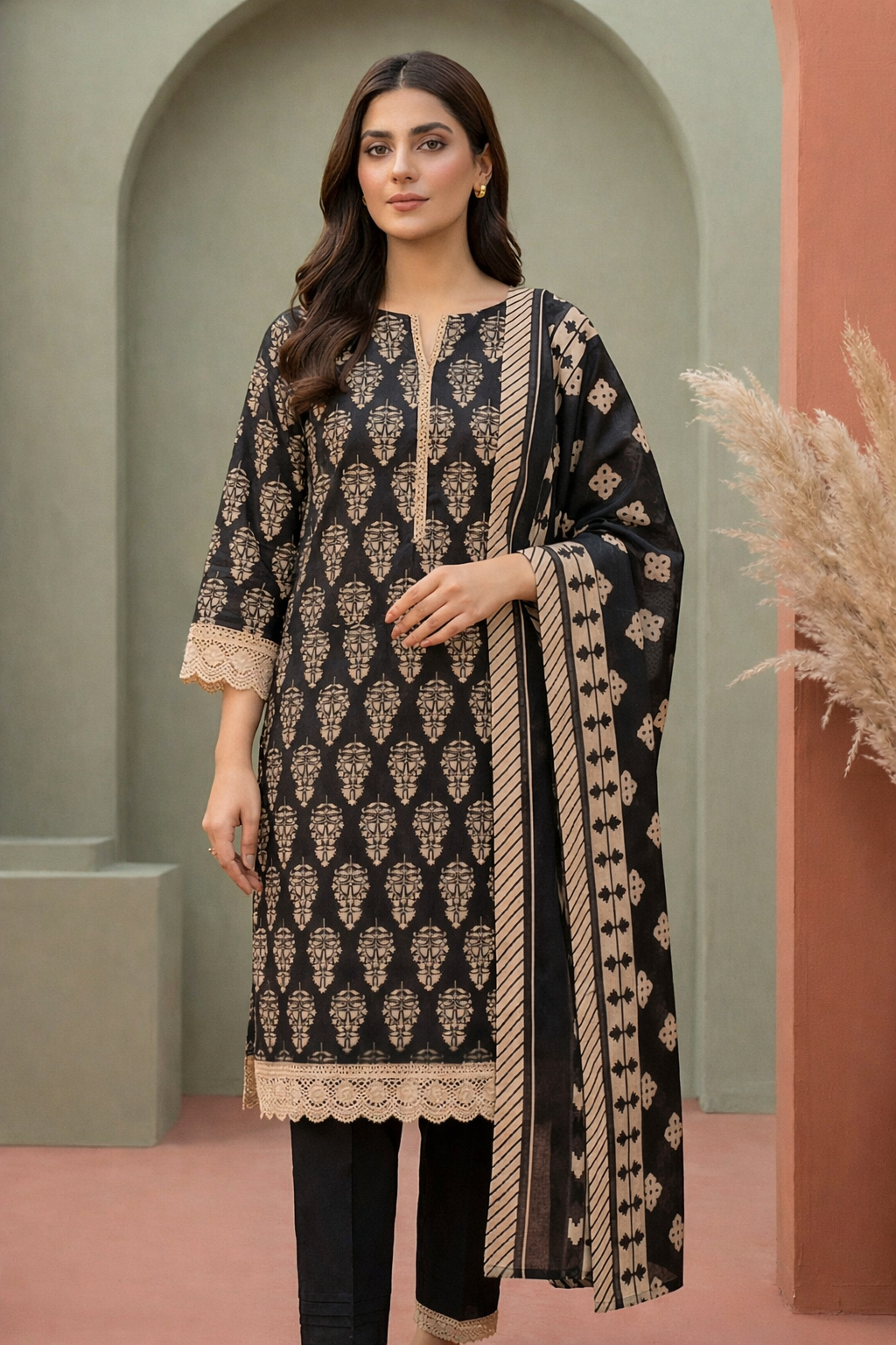 Keyseria By Jaffrani-3PC Unstitch Lawn (Black)