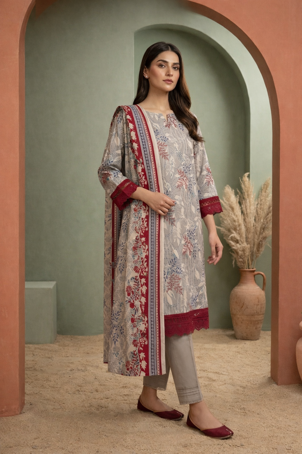 Keyseria By Jaffrani-3PC Unstitch Lawn (Lite peach)