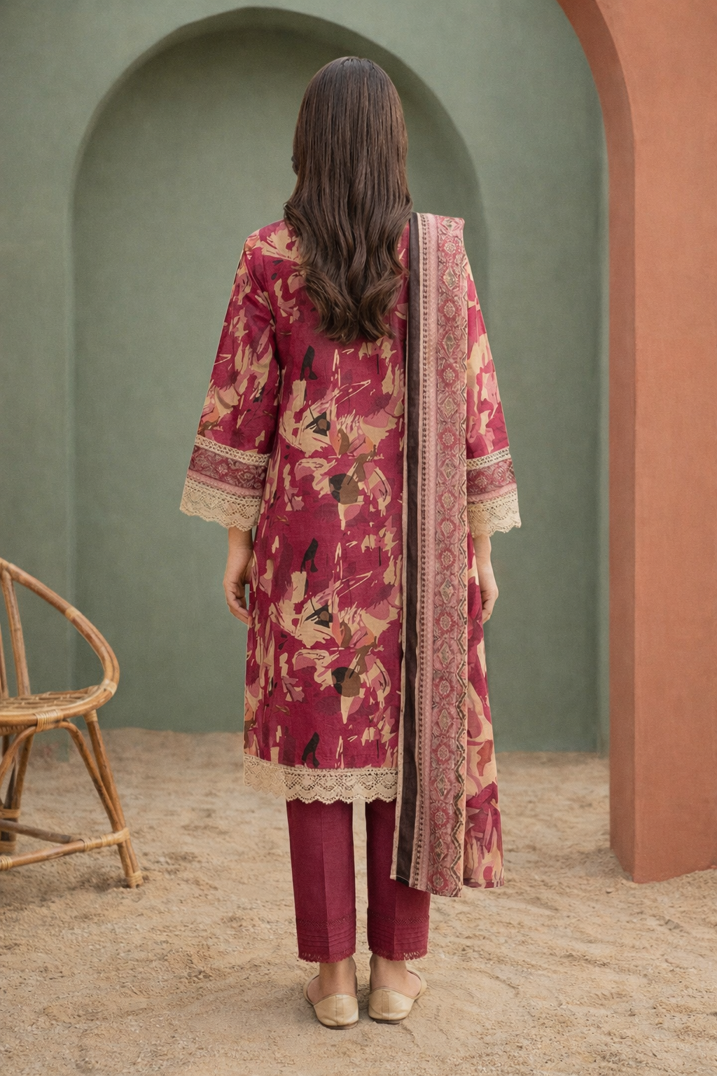 Keyseria By Jaffrani-3PC Unstitch Lawn (Cream & Red)