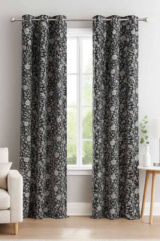 Black Curtain with White Floral Print – 8 to 10 Rings By Akay
