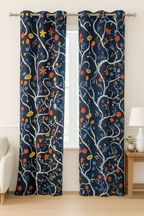 Navy Blue with a vibrant FloralL and Botanical print Curtain – 10 Rings BY Akya