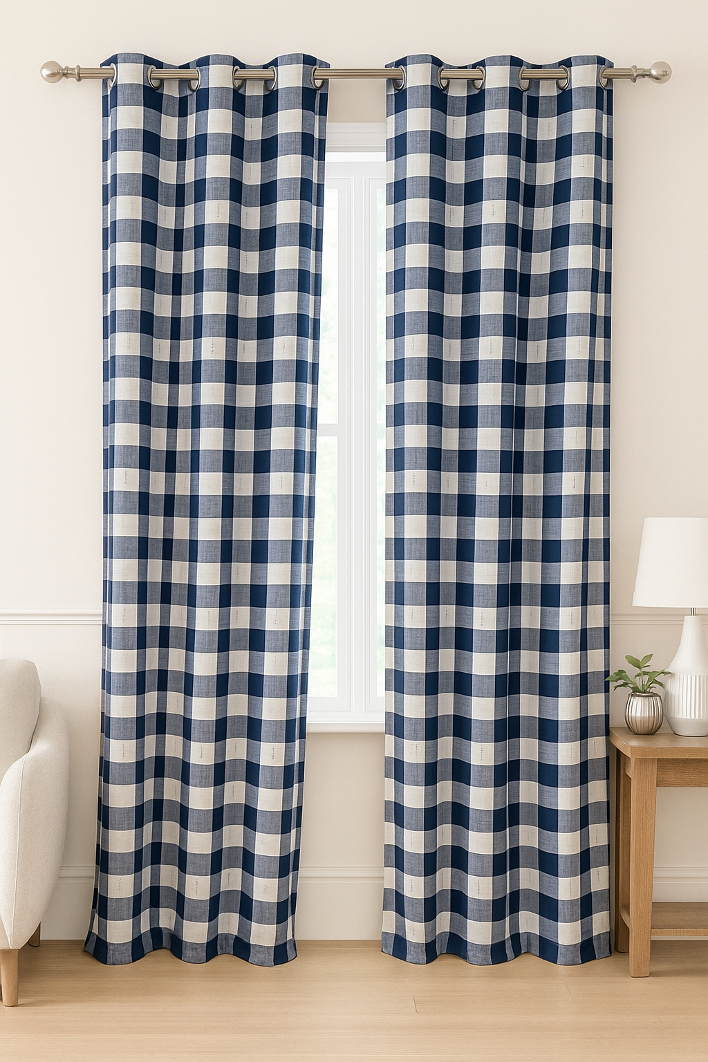 Dark Blue & White Checks patteren Curtain – 10 RINGS BY AKYA