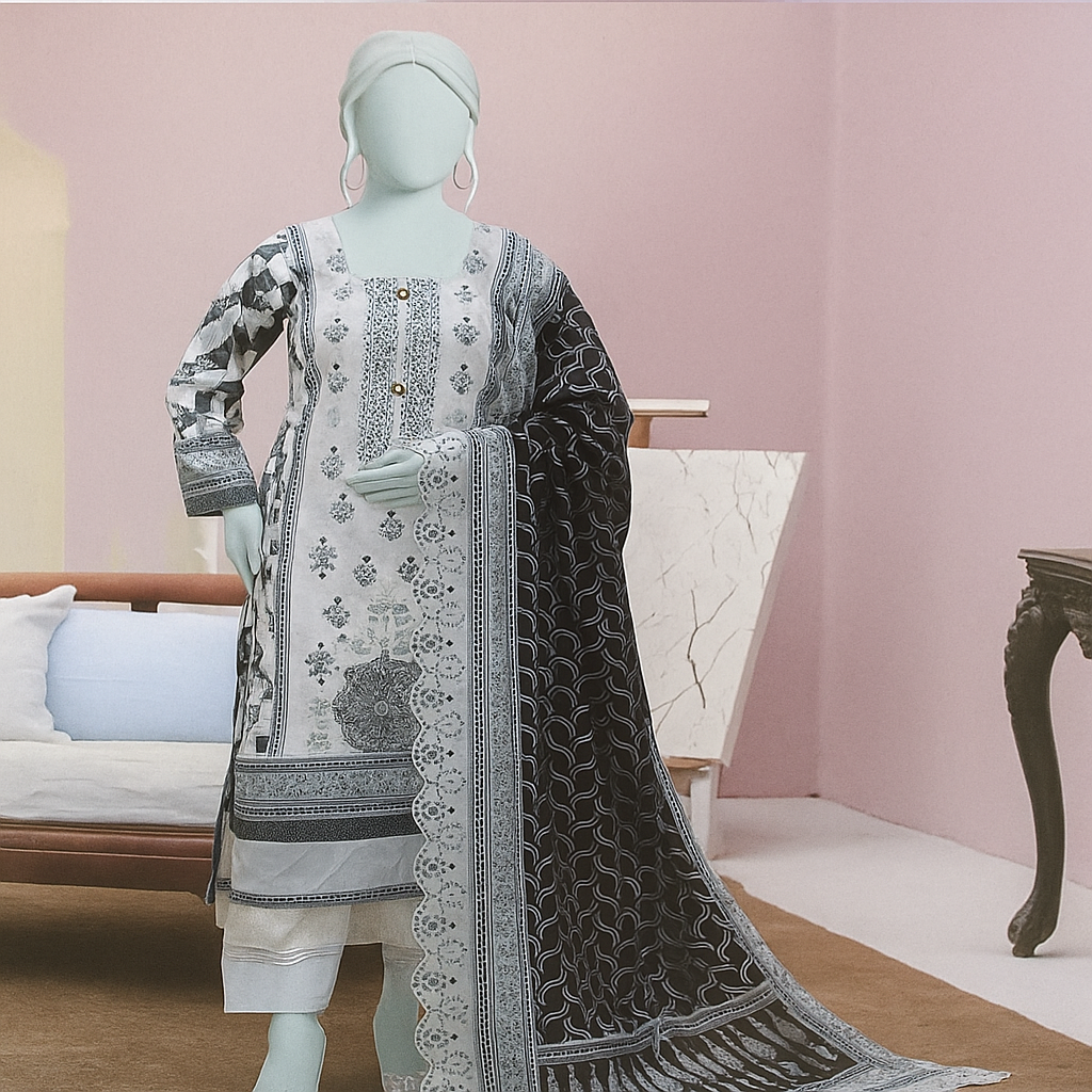 Mannequin wearing a traditional outfit with a black and white embroidered dupatta in a room setting.