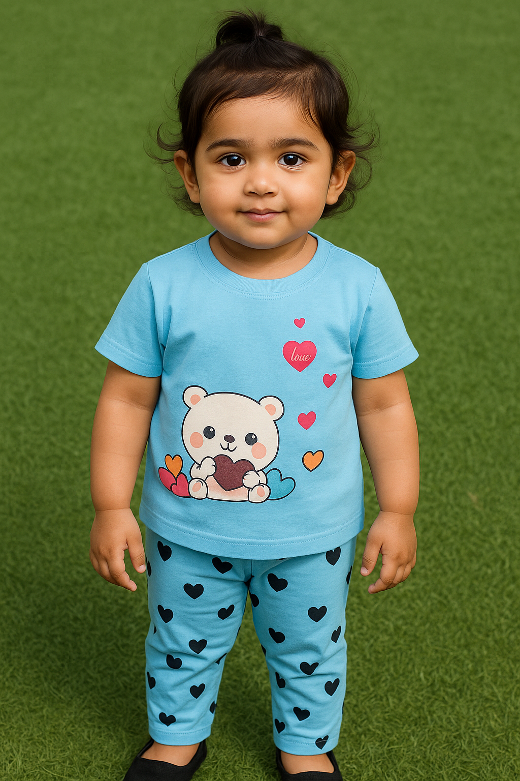 Child wearing a blue outfit with a teddy bear design on a green background