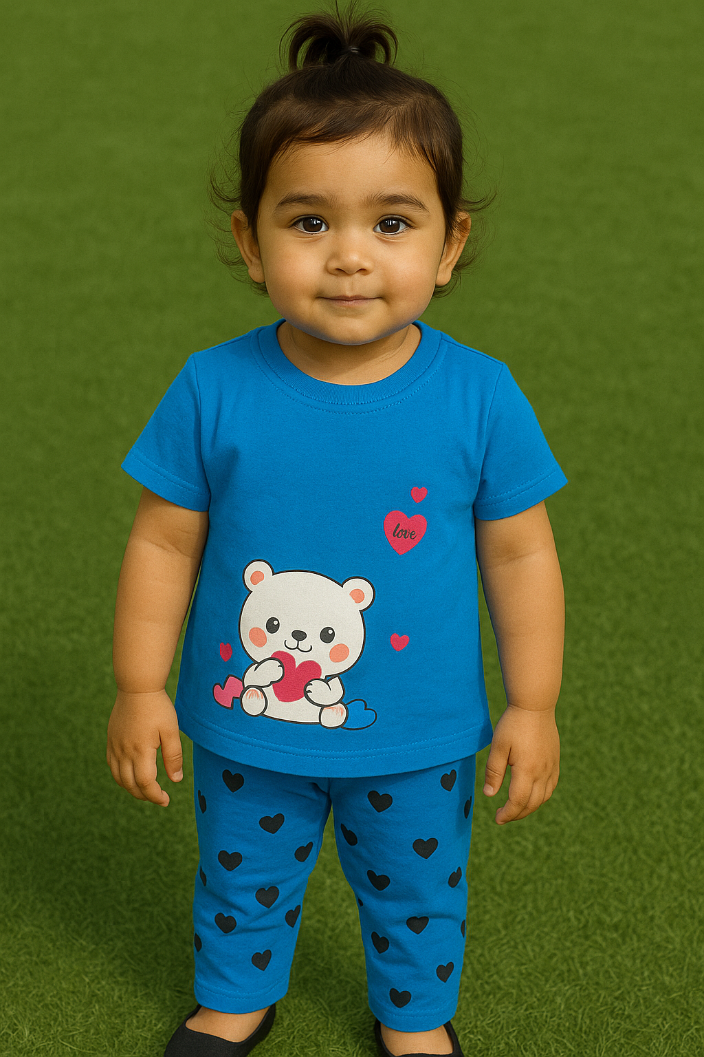 Child wearing a blue outfit with a bear design on a green background