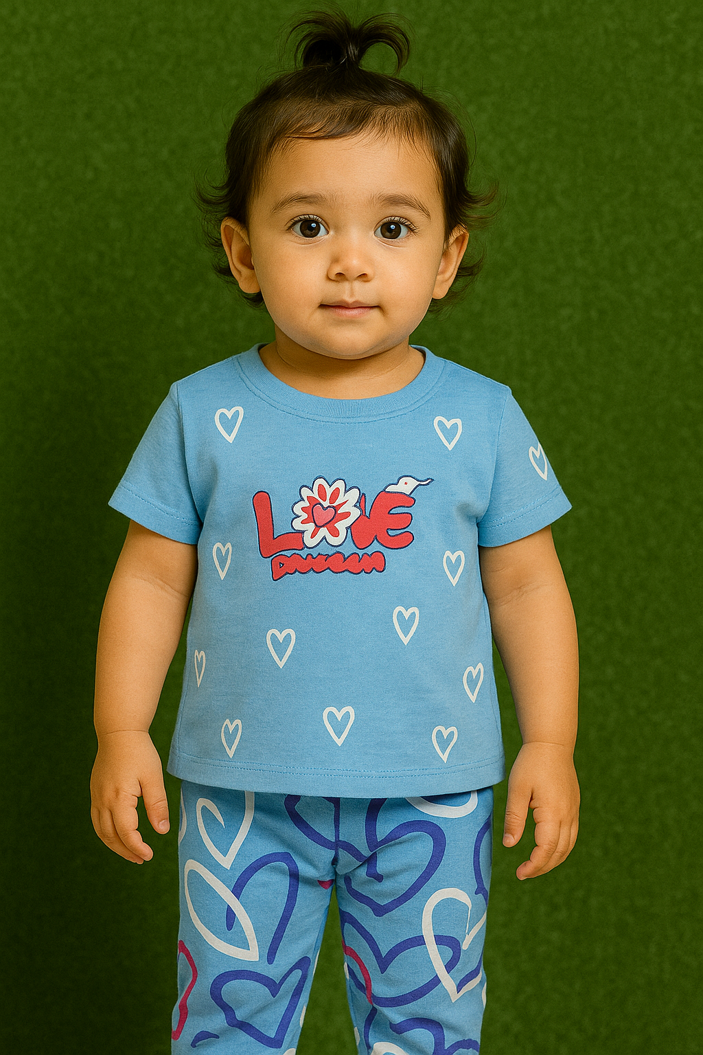 Child wearing a blue shirt with a 'LOVE' design and heart-patterned pants on a green background