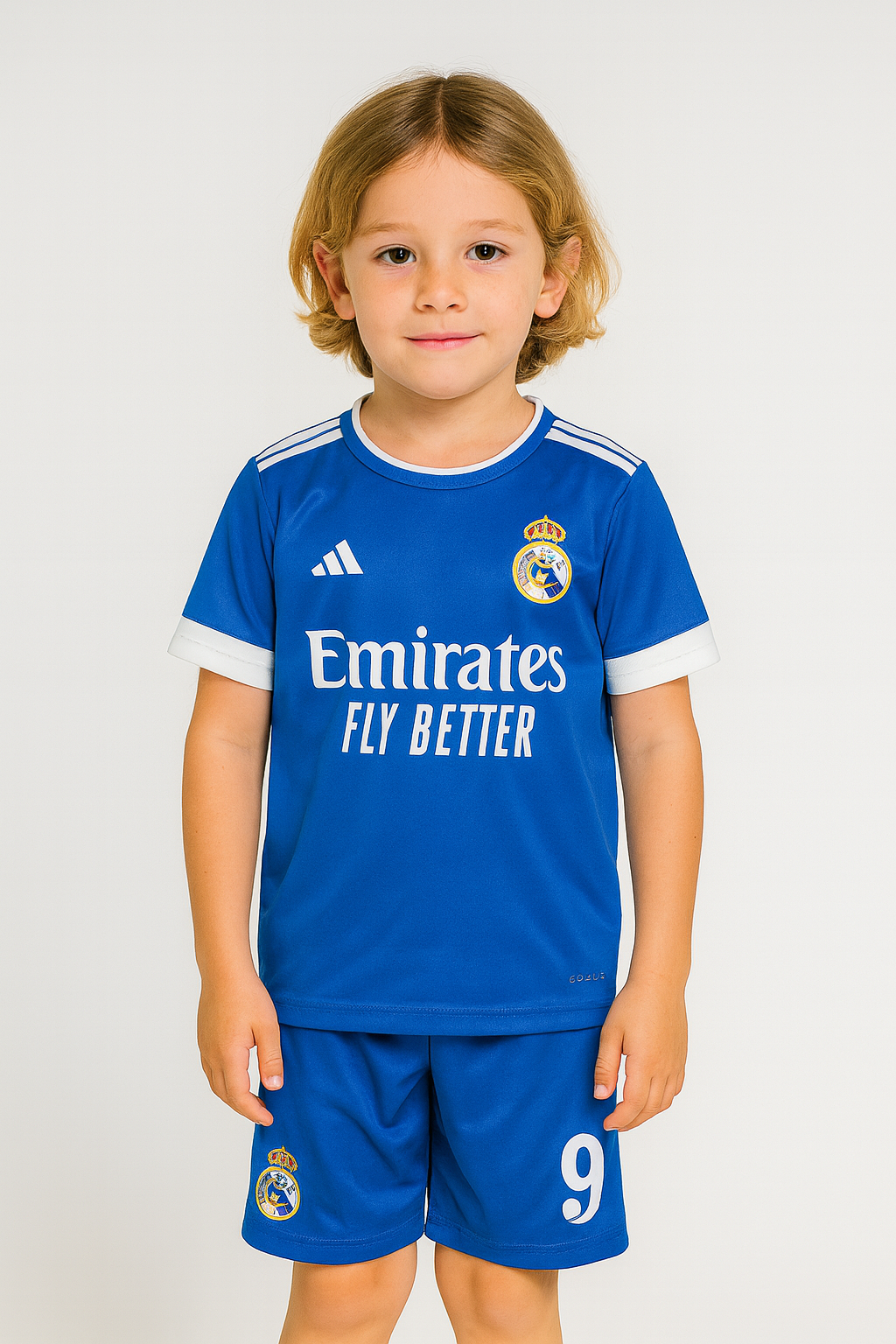 Child wearing a blue sports jersey with visible branding on a plain background
