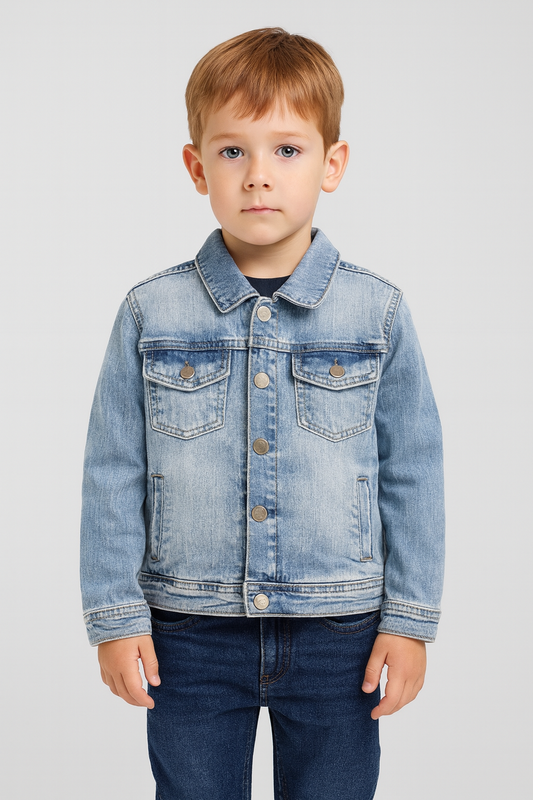 Child wearing a denim jacket on a plain background