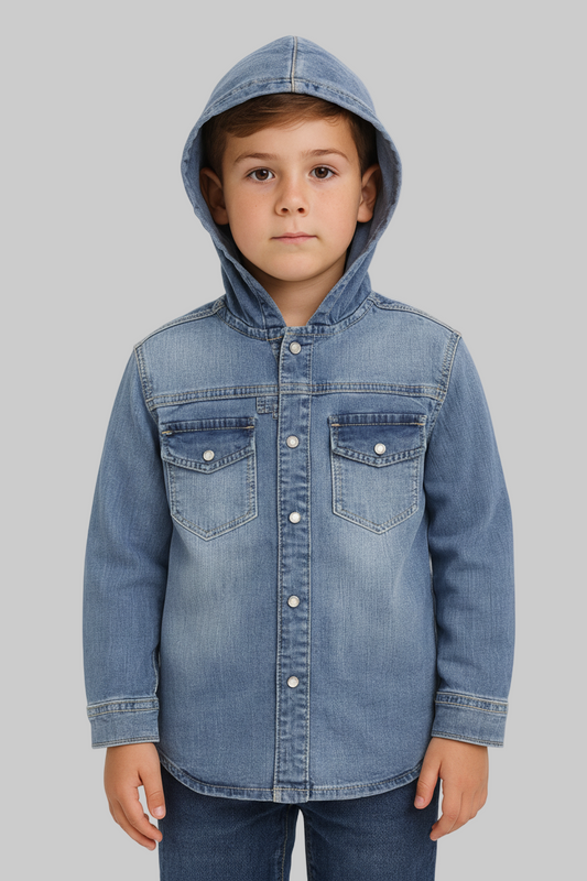 Child wearing a denim jacket with a hood on a gray background