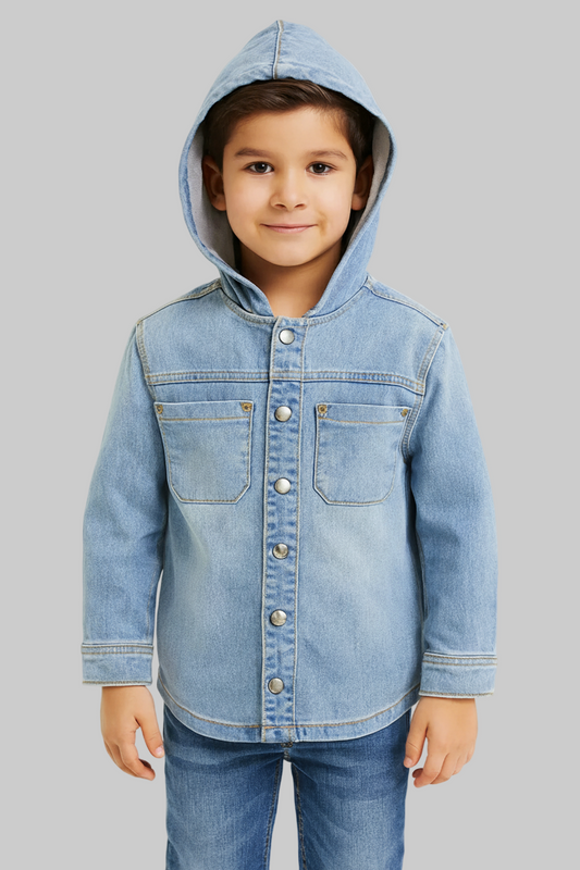 Child wearing a light blue denim jacket with a hood on a gray background