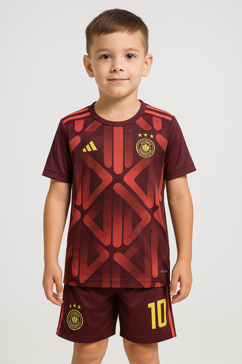 Child wearing a maroon sports jersey with red geometric patterns and yellow accents on a white background