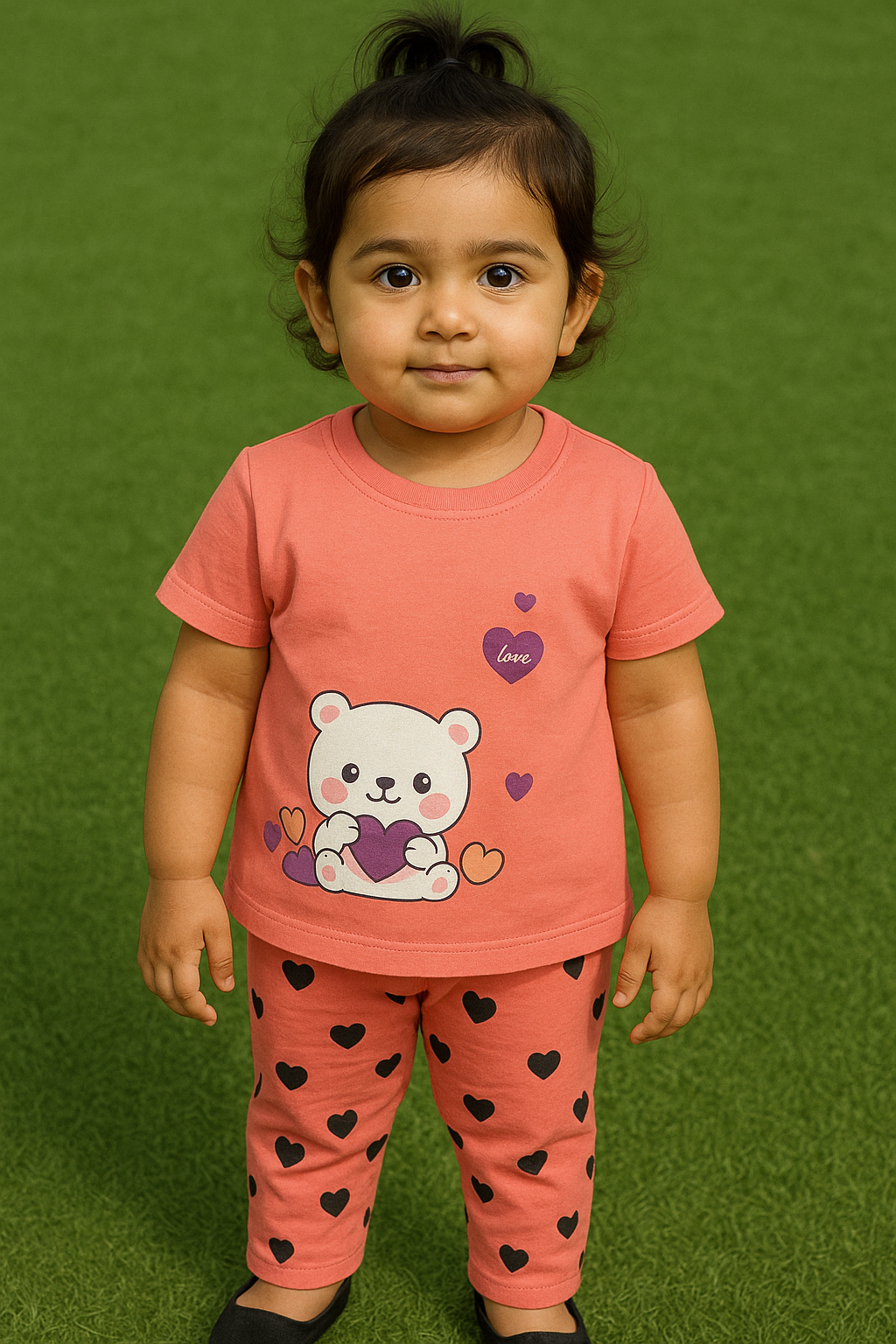 Child wearing a pink outfit with a bear design on a green background