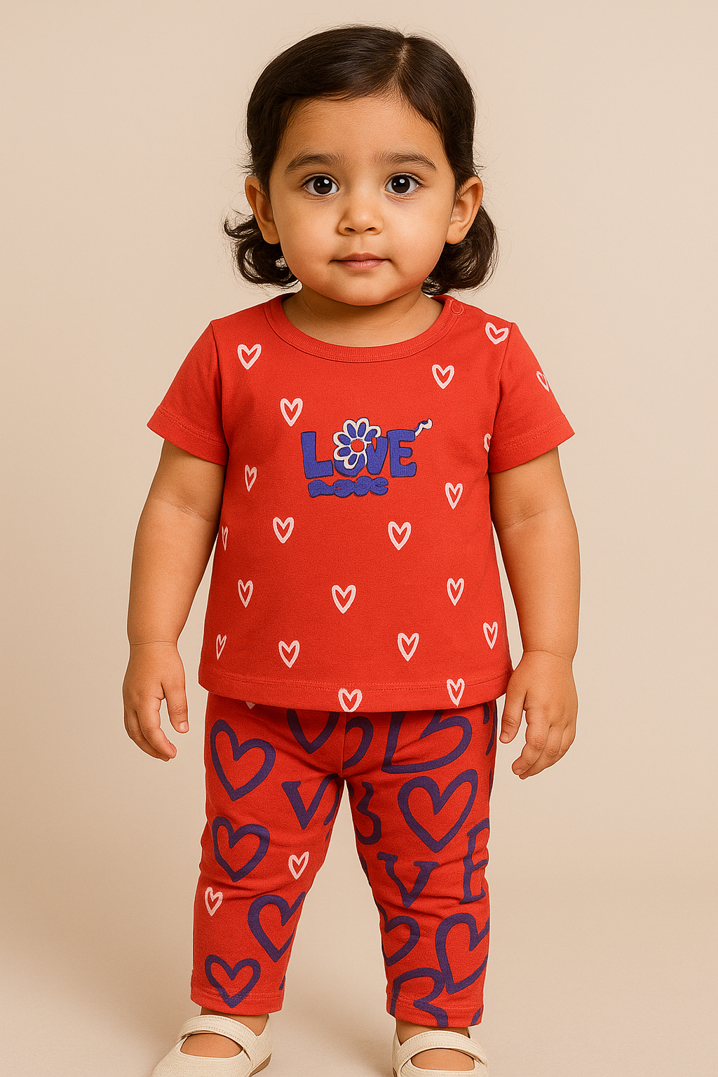 Child wearing a red outfit with 'LOVE' and heart patterns on a beige background